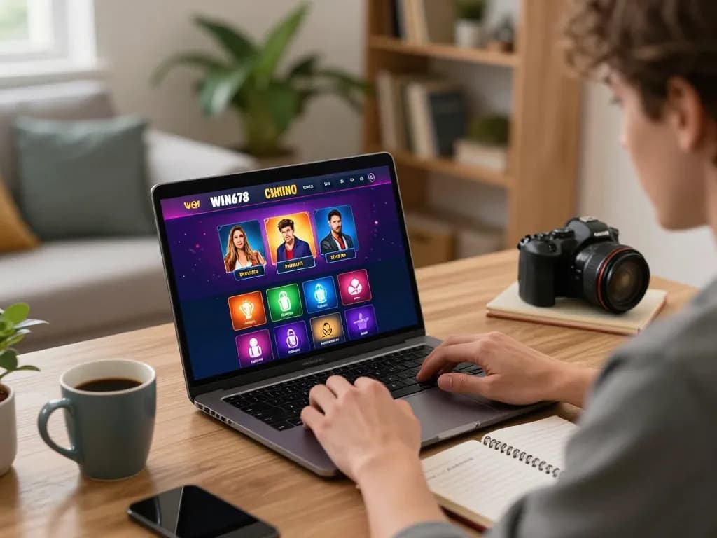 Player engaging with Win678 online casino from home, showcasing immersive betting experience and strategic gameplay