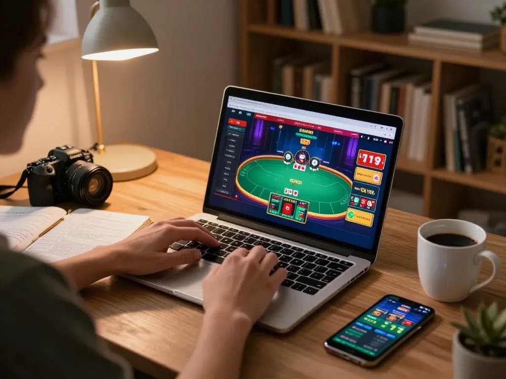 Engaging home gaming scene featuring max88 poker on laptop with notes and cozy atmosphere.