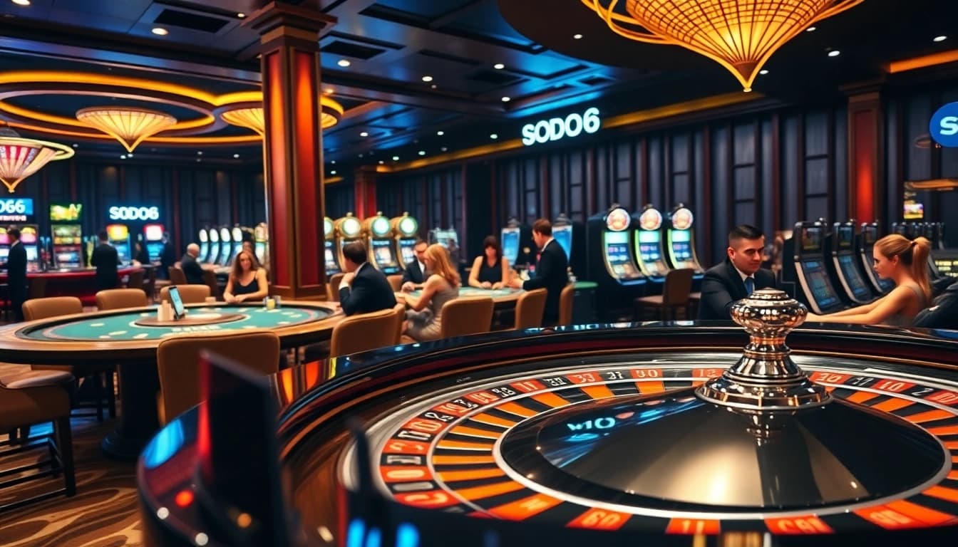SODO66 casino scene with vibrant roulette and poker tables, showcasing high-stakes thrills.