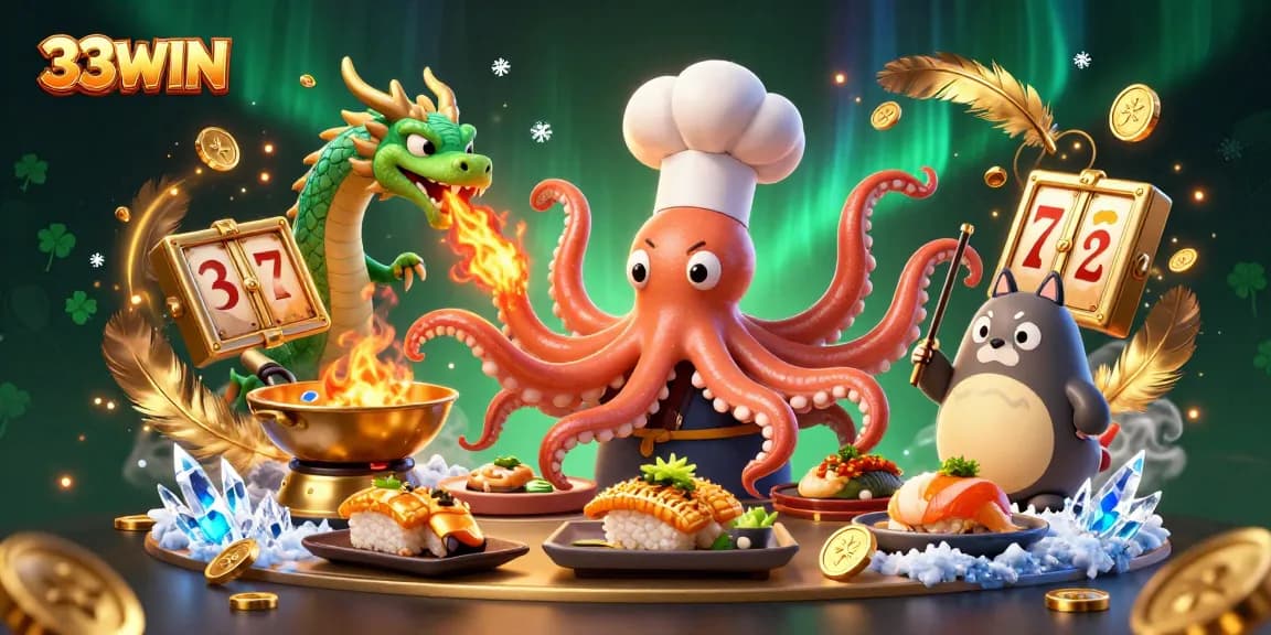 Engage with 33WIN featuring a cartoon octopus chef creating gourmet dishes amidst slot reels and vibrant casino elements.