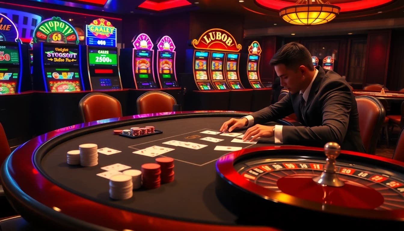 Exciting poker game scene at Lu88 casino with high-stakes poker table and glamorous ambiance.