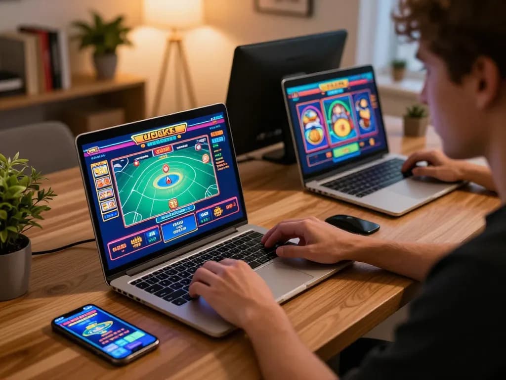 Người chơi tham gia với các máy slot LUCK8 trên máy tính xách tay trong không gian văn phòng tại nhà ấm cúng, ghi lại các chiến lược chơi game.