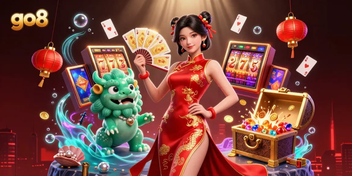 Win big with go8 in this vibrant 3D casino scene featuring a stylish character and dynamic gambling elements.
