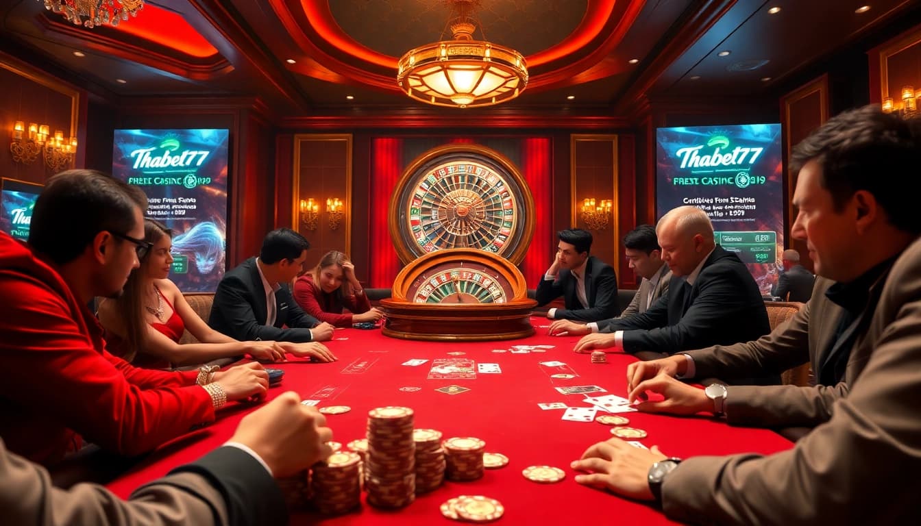 Players winning at a luxurious Thabet77 poker table, showcasing chips and cards in an elegant atmosphere.