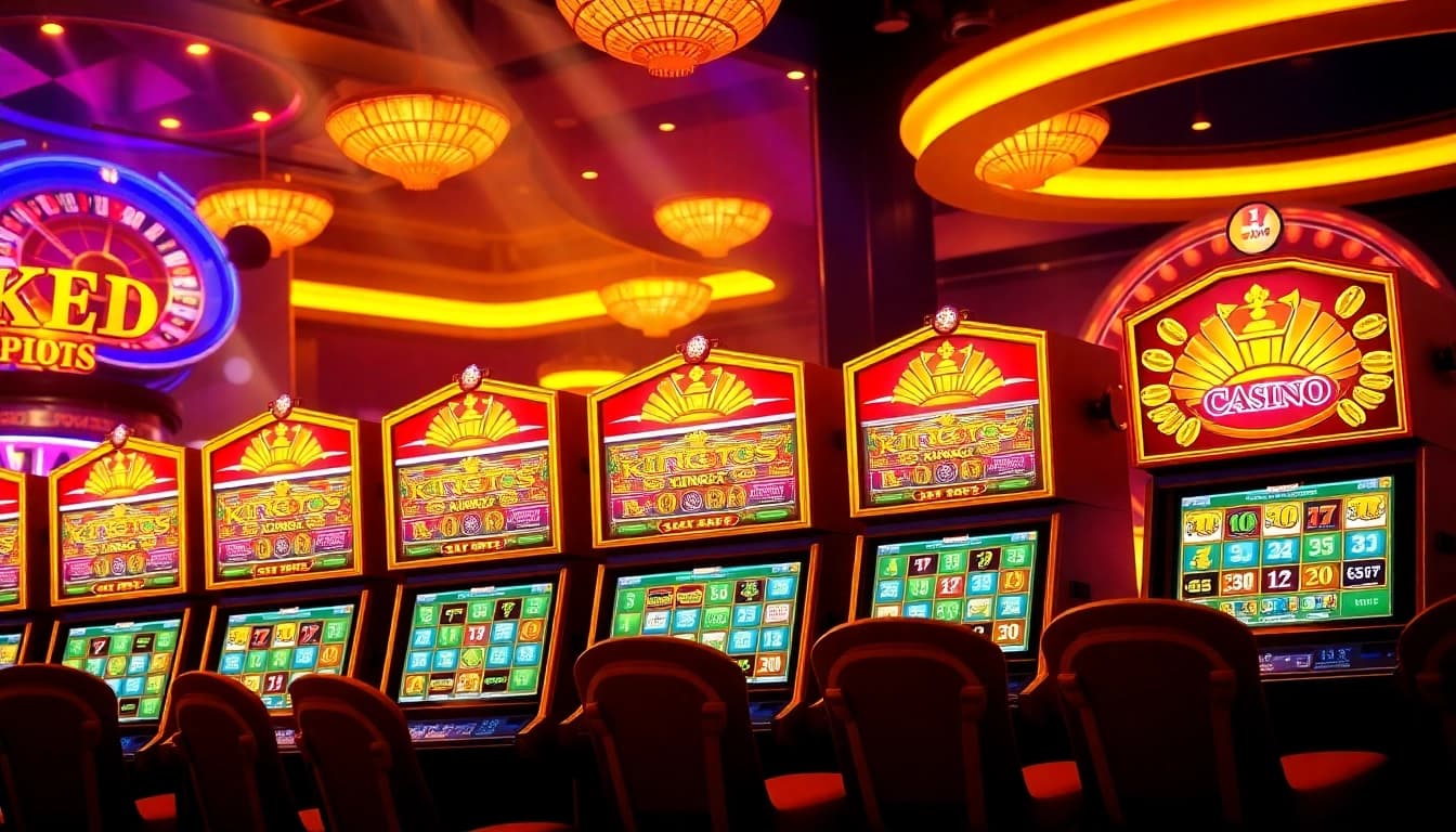 Experience the excitement of King88 Slot Game with vibrant slot machines and casino elements.