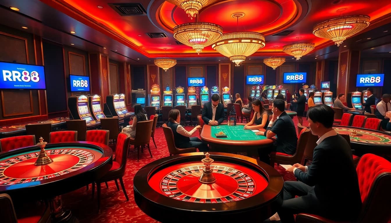 Engaged players enjoying thrilling games at RR88's upscale casino, featuring roulette and slots.