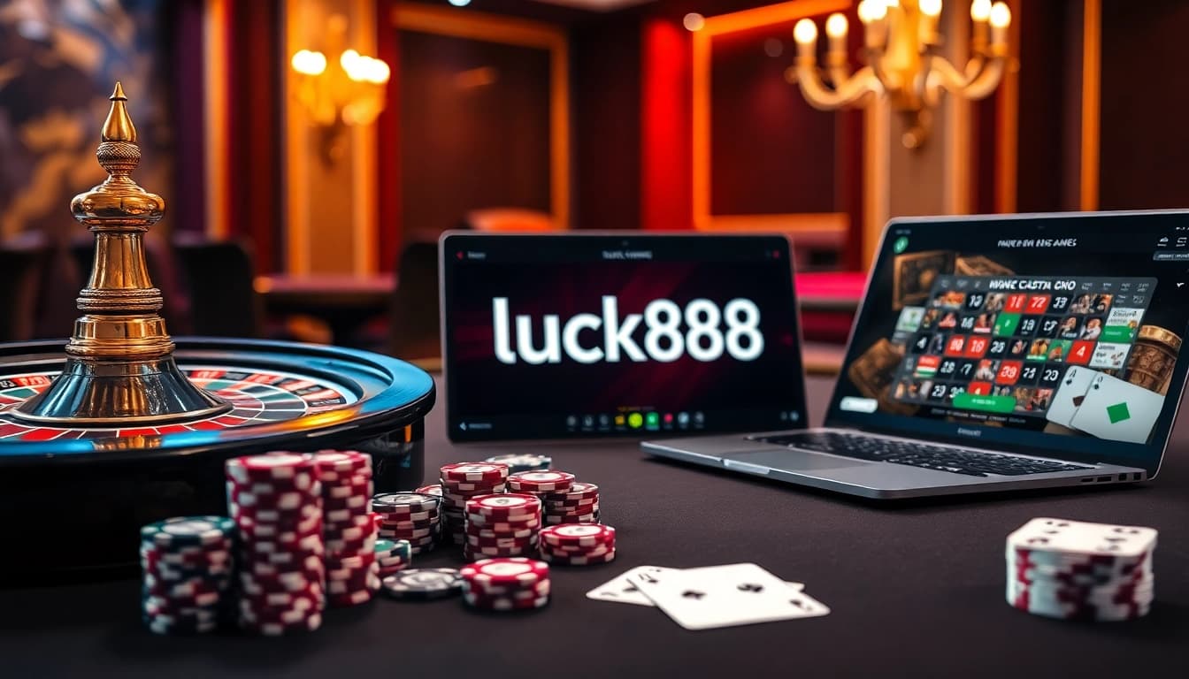 Experience the thrill of gambling with poker chips and a roulette wheel at https://luck88.games/ casino table.