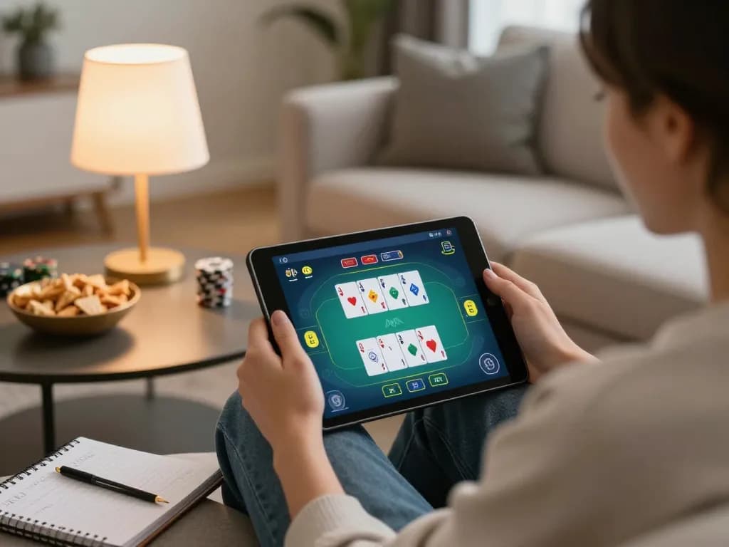Player engaging in a poker game on a tablet with cozy decor, embracing a strategic approach at EE88