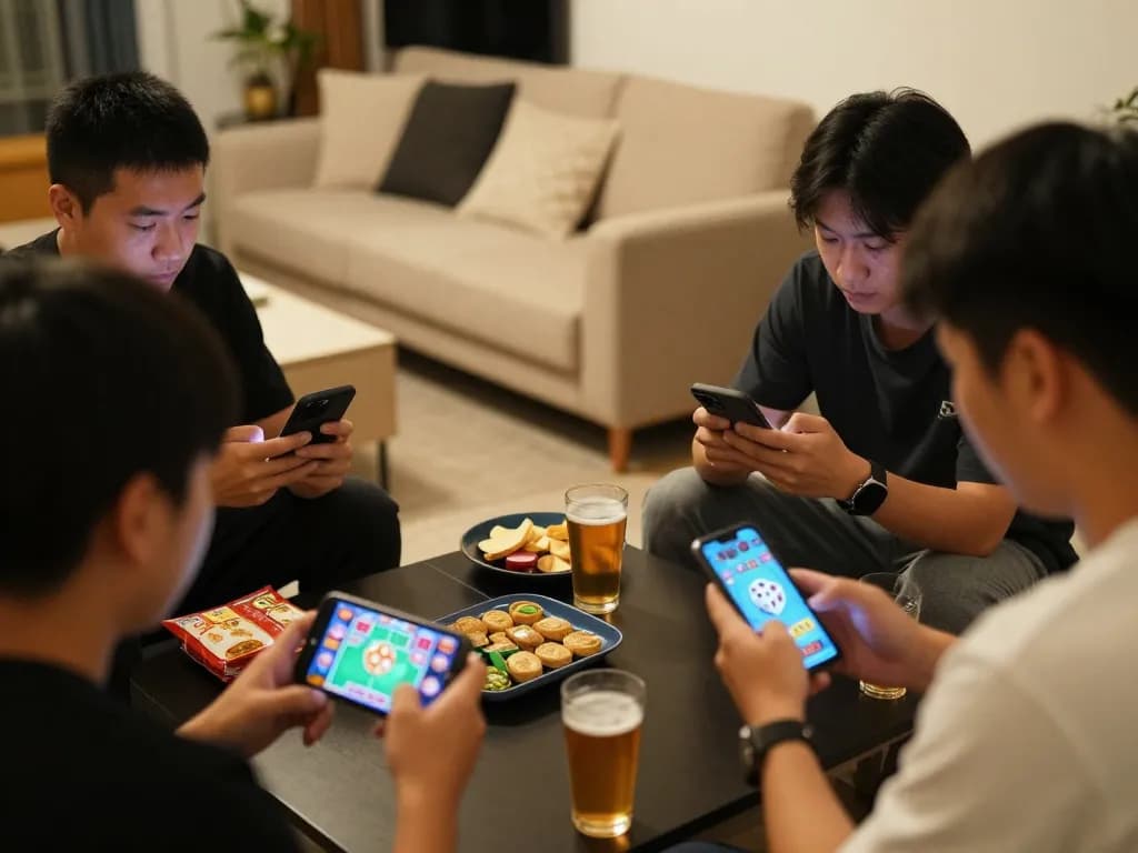 Engaging in app tài xỉu online gameplay, players focused on smartphone screens in a cozy living room