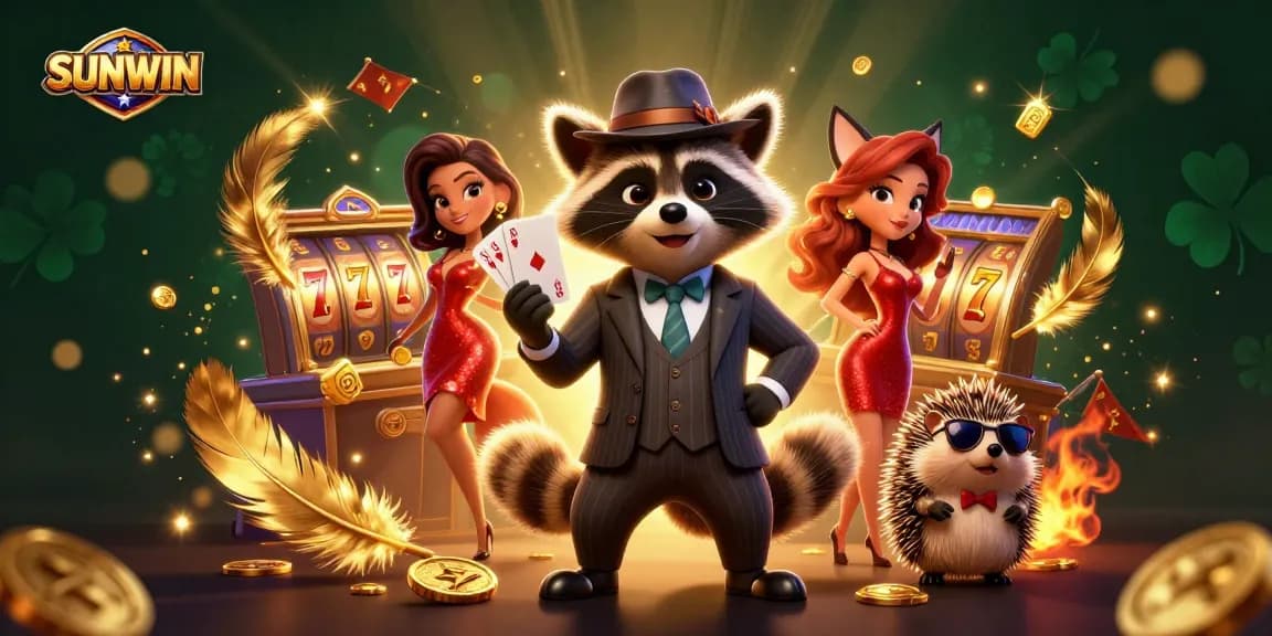 SUNWIN showcases a high-stakes scene with a raccoon holding a royal flush near sparkling slot reels and golden betting tokens.