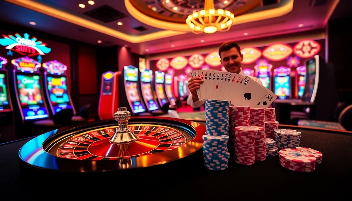 Experience the excitement of QQ88 online casino gaming with vibrant roulette and poker elements.