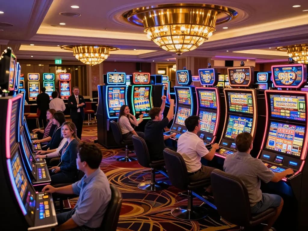 Players enjoy diverse slot machines at iwin's vibrant casino, highlighting excitement and entertainment.