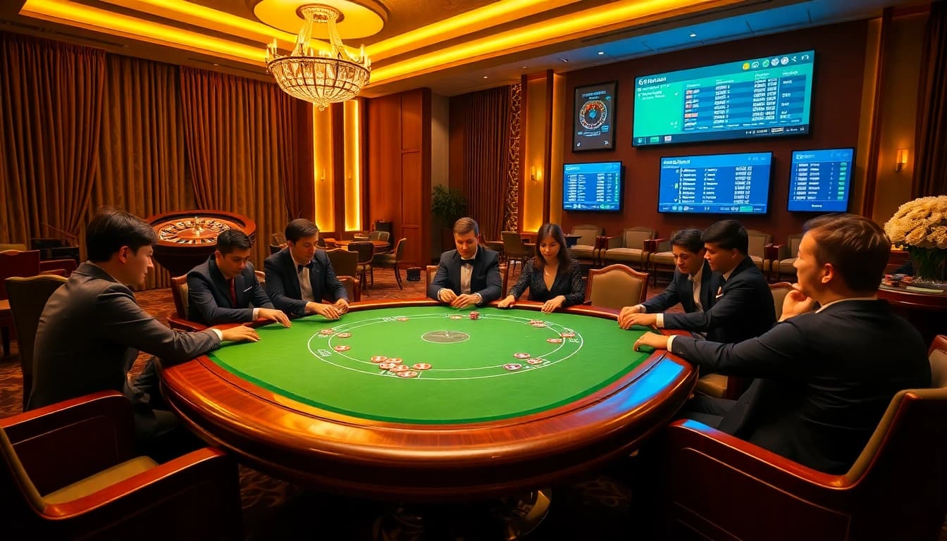 Gambling excitement at Vào Lưới TV casino table with players and roulette wheel.