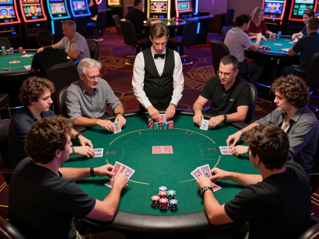 Players engage in strategic bets at a vibrant poker table featuring ok365 gaming, creating an energetic atmosphere.