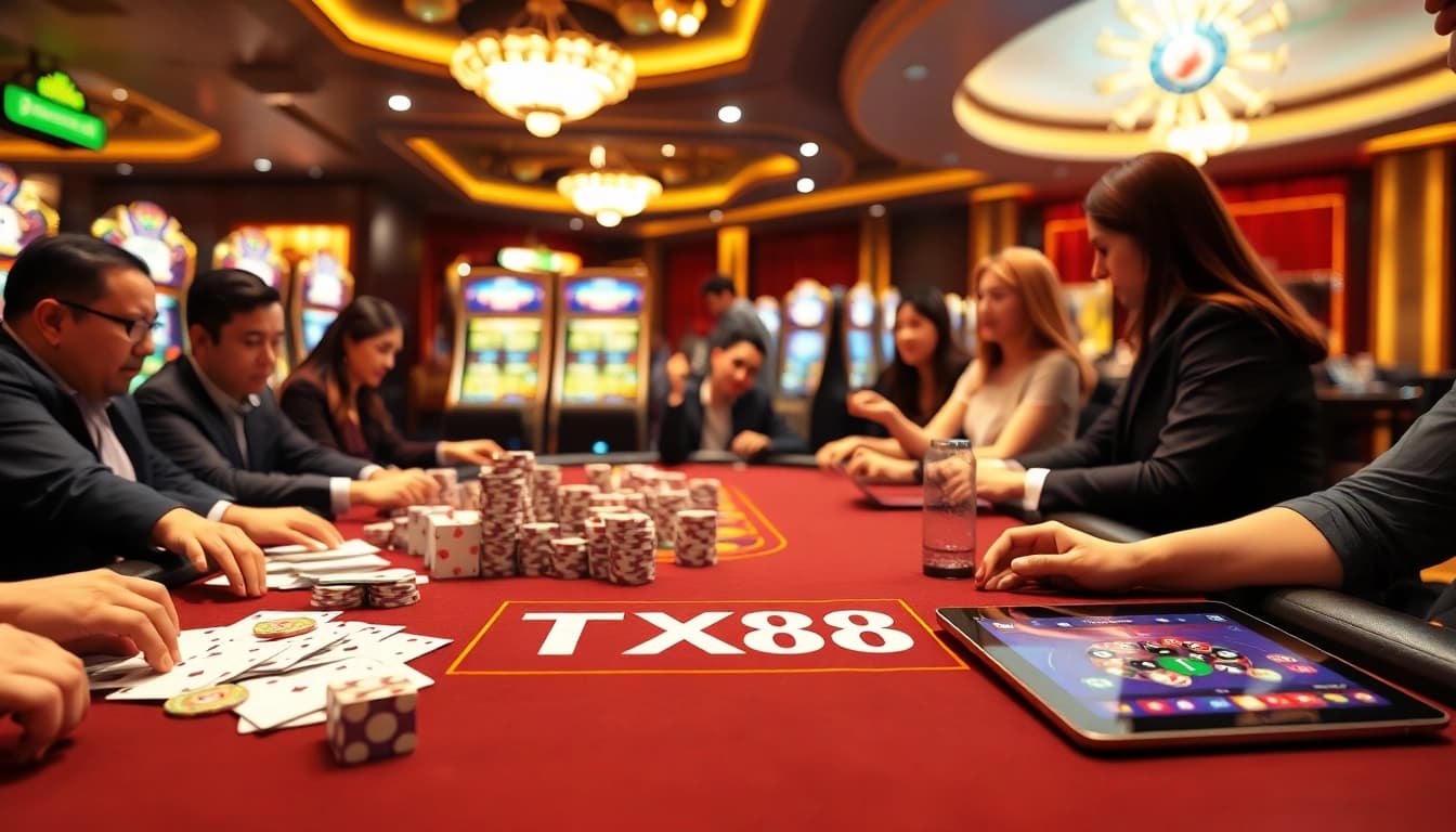 Experience the thrill of winning at TX88's vibrant casino tables with cards and chips.