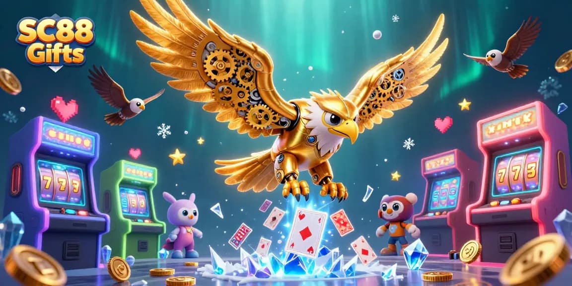 Experience SC88 Gifts with a cybernetic eagle soaring through holographic casino elements in vibrant 3D.