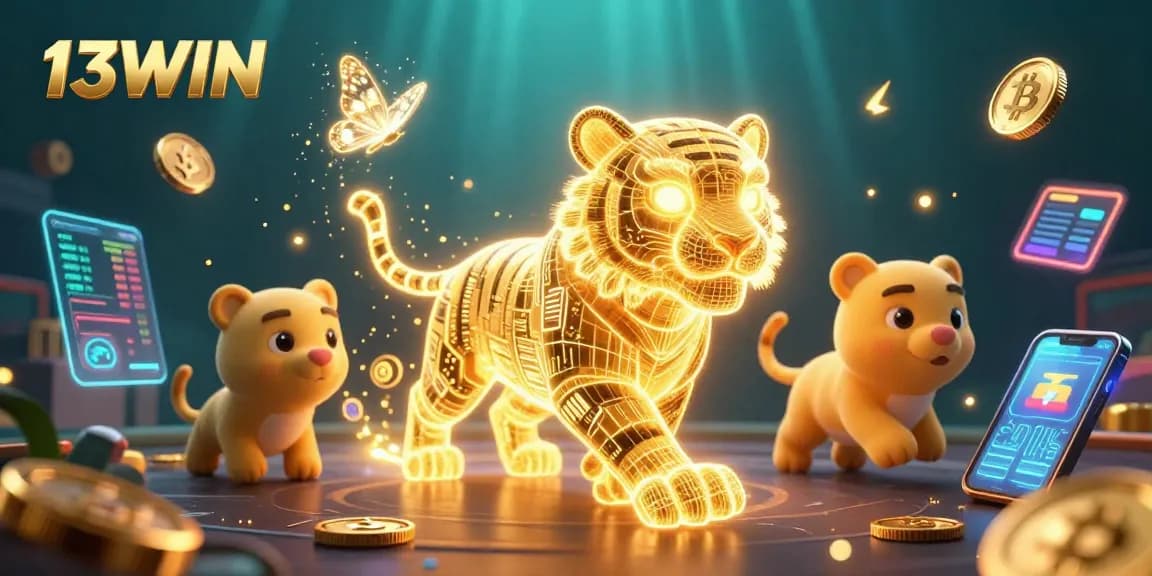 Win big with 13WIN's vibrant 3D casino illustration showcasing digital gaming elements.