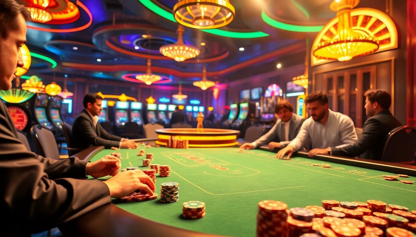 Experience the thrill of 'sun win' at a vibrant casino table with poker chips and excited players.