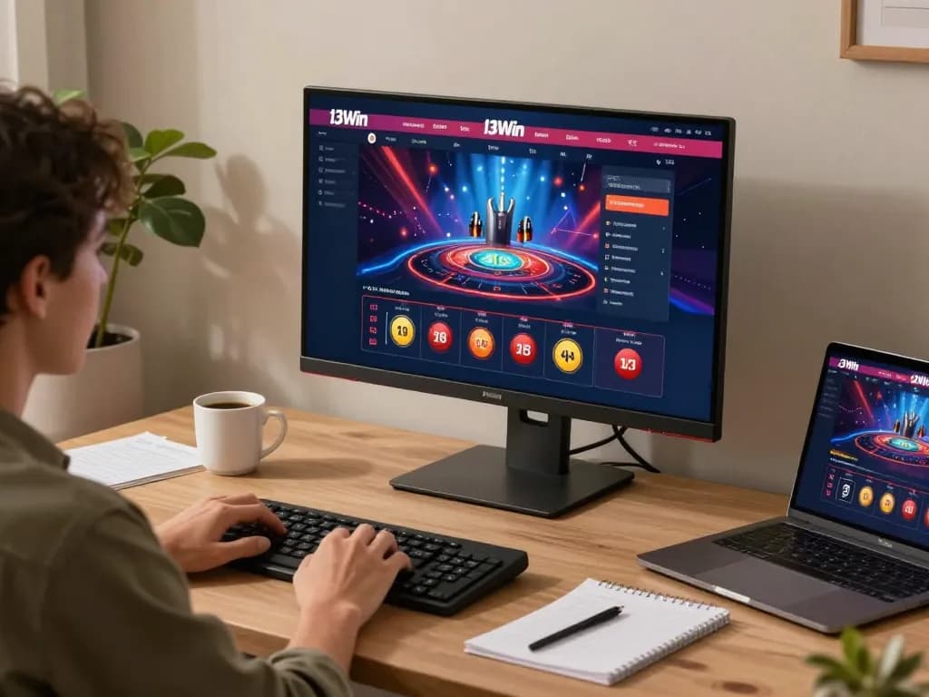 Engaged player exploring 13Win casino features during a cozy online gaming session.