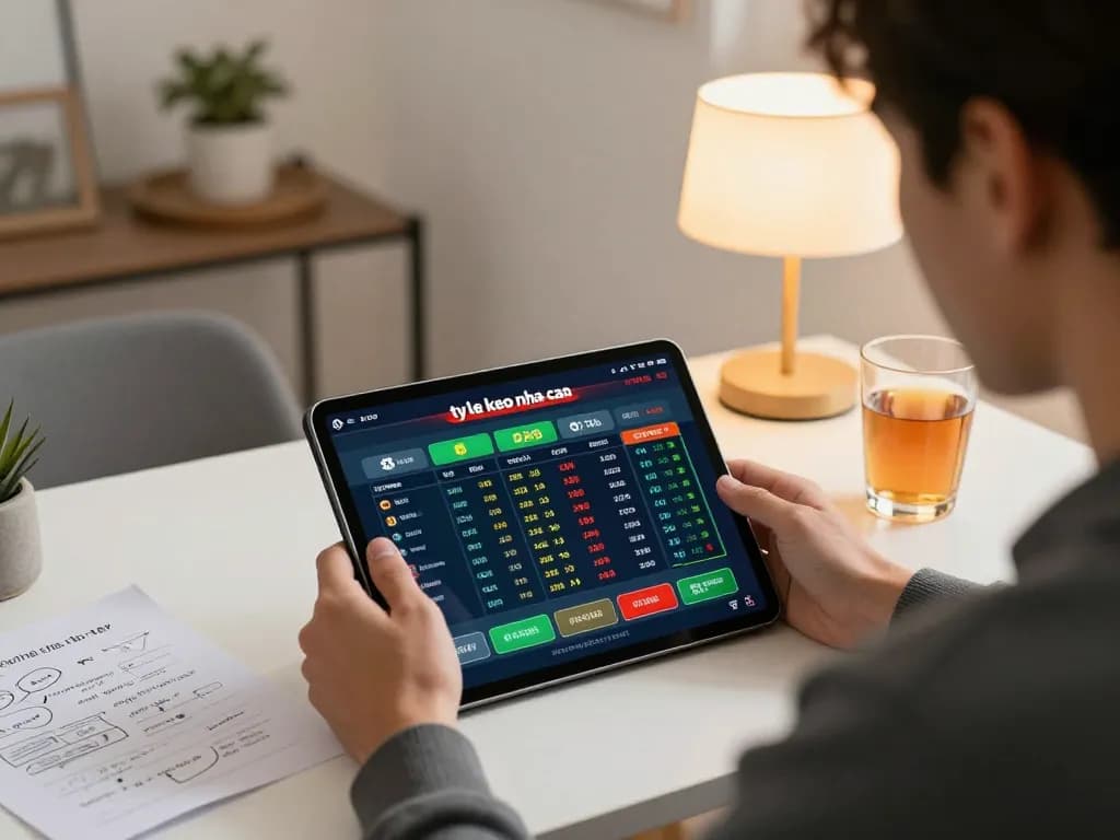 Person engaging with ty le keo nha cai on tablet during online sports betting session in a stylish home office.