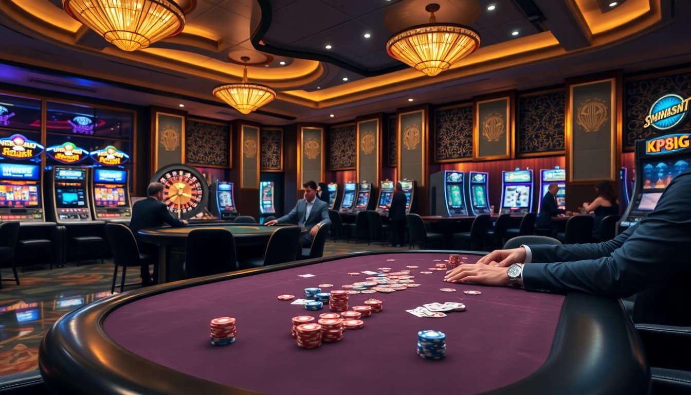 Professional players enjoying a game at KP88 casino table with luxury decor.