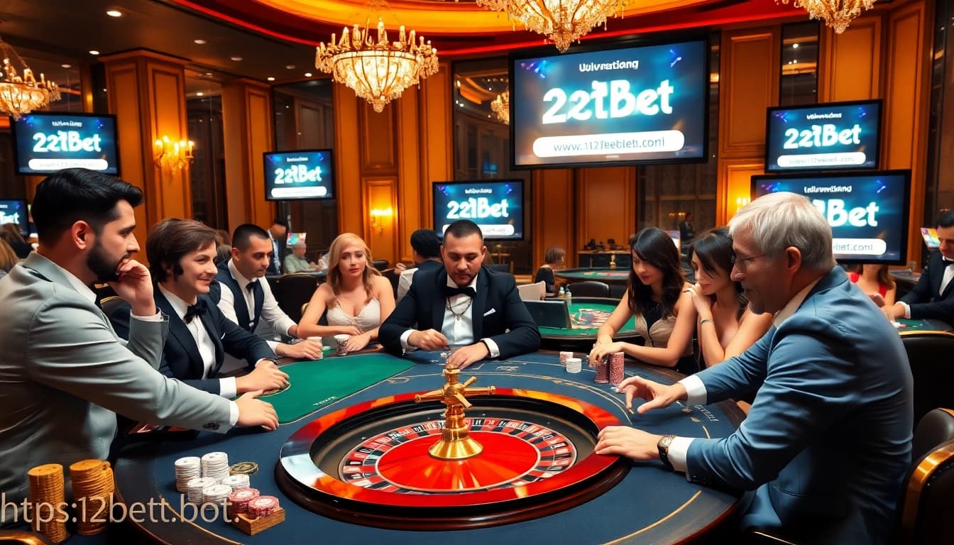 Engage with dynamic gaming at https://12bett.bot/ featured in an upscale casino scene with roulette and poker.