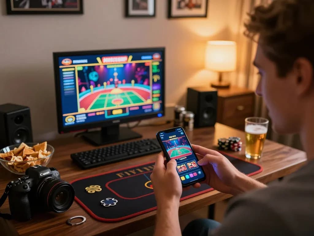 Engaging in immersive gameplay on the Hitclub app through a smartphone in a cozy home setting.