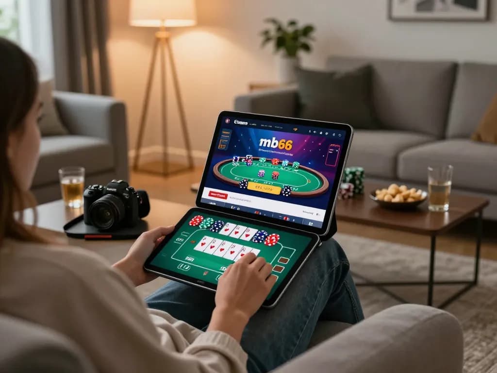 Player engaging in mb66 online poker from cozy home setting, vibrant interface visible on tablet.