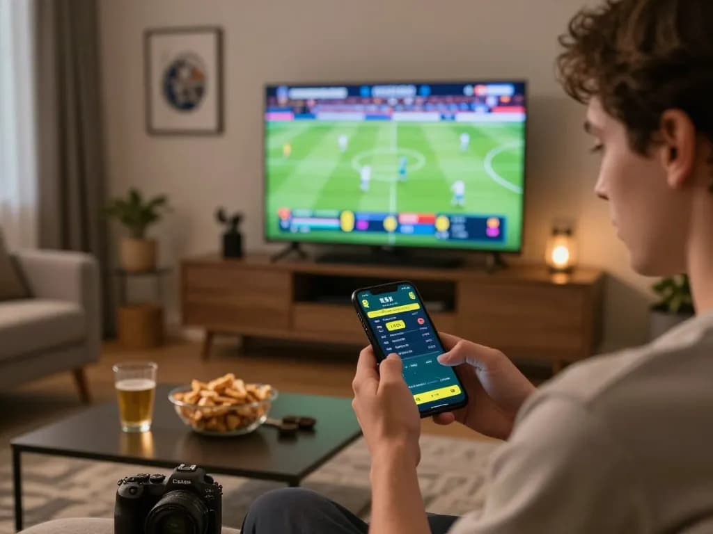 Engaging online sports betting scene with a person using the EE88 app on a smartphone, showcasing excitement.