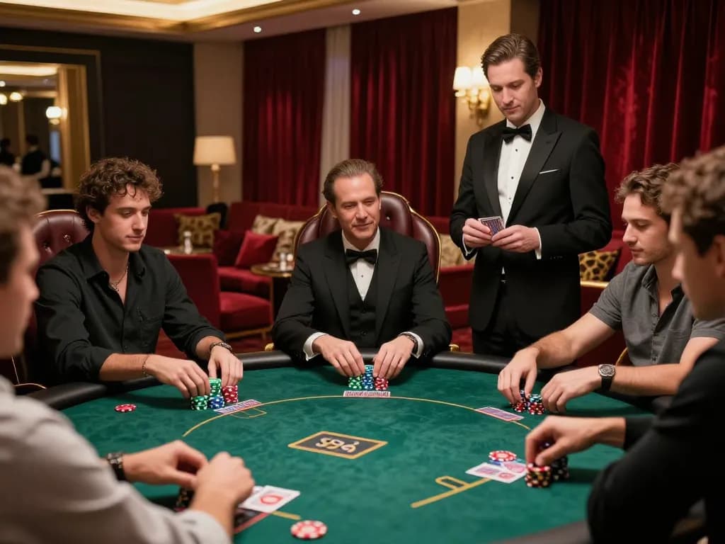 Fly88 players engaged in a high-stakes poker game, showcasing intense concentration and strategic betting.