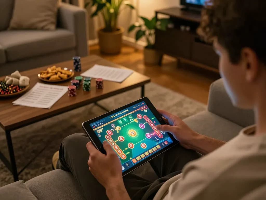 Engaging in tài xỉu gameplay on a tablet at home with snacks and notes around, highlighting responsible online gambling.