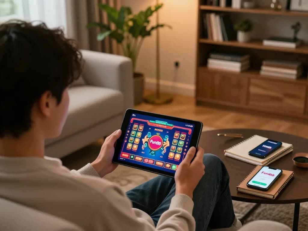 Enjoying online games on Fun88 while using a tablet in a cozy home setting.