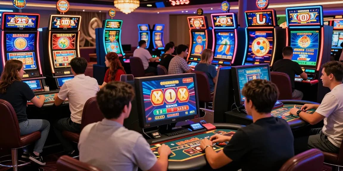 Players celebrating wins at casinos not on GamStop, showing vibrant digital games and lively atmosphere.