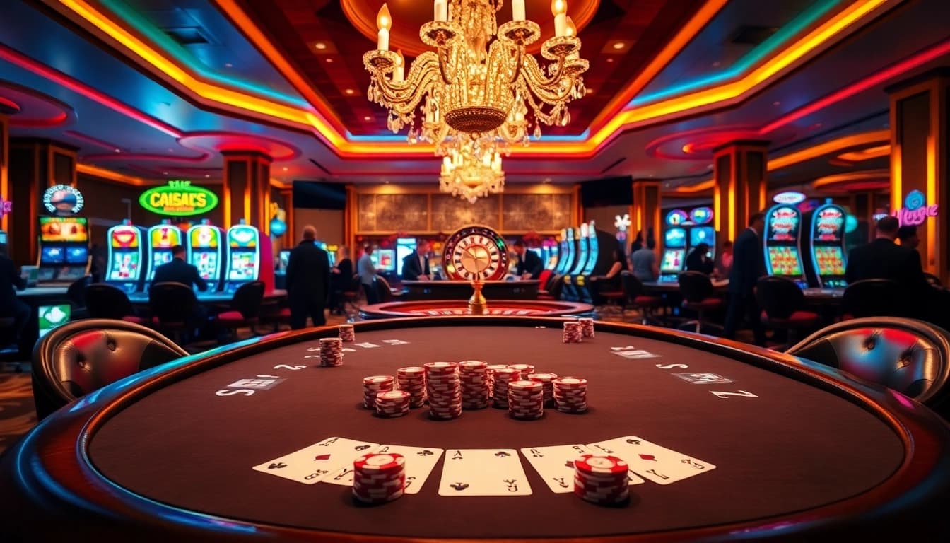 Players enjoying an exciting game at https://rr88.bar/ casino with luxurious atmosphere and vibrant lights.