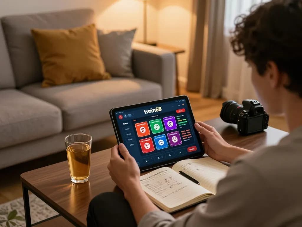 Player engaging with the twiin68 app in a cozy home environment, showcasing a strategic online gaming setup.
