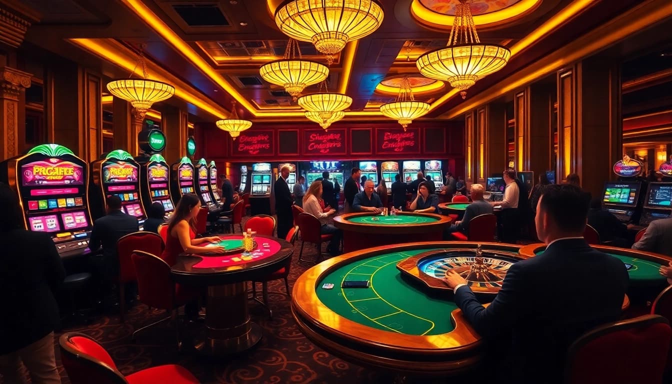 Winning at kp88 casino with vibrant slot machines and poker tables in an elegant setting
