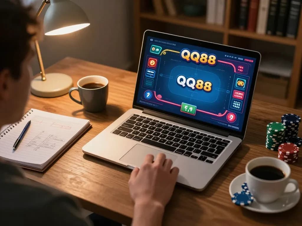 Engaging online poker gameplay on QQ88 platform showcasing strategic betting in a cozy home office setting.