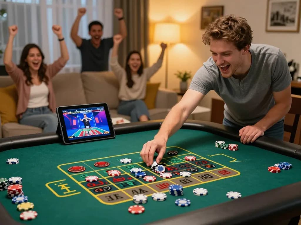 hi88 player enjoying live roulette game on tablet in a cozy home setting