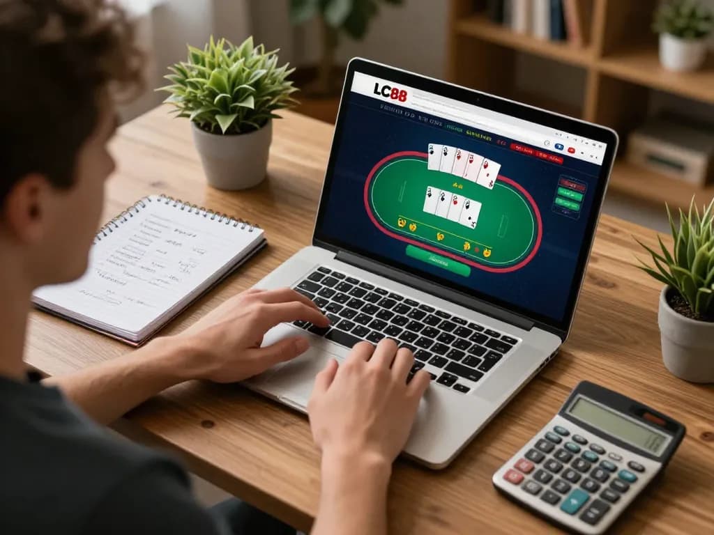 Engaged player strategizing their betting on LC88 online casino setup at home.
