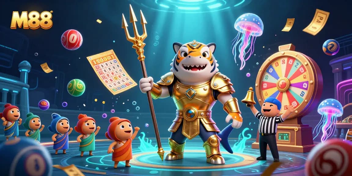 Bet on M88 with thrilling underwater scenes featuring a shark warrior amid dynamic lottery elements.