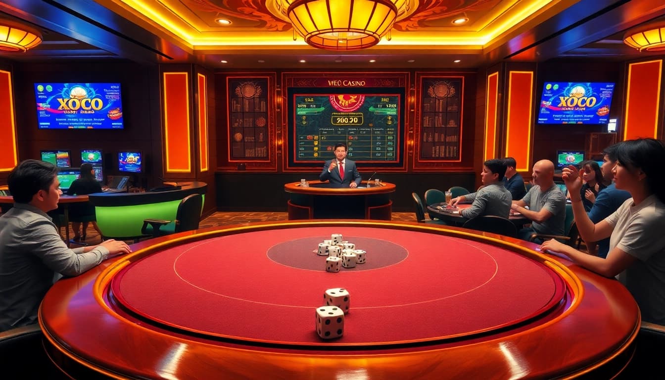 Xóc đĩa online game in a luxurious casino setting showcasing vibrant gaming elements.