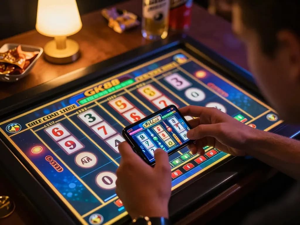 Players engage in exciting GK88 online slot gameplay on smartphone, creating a lively home gaming scene.