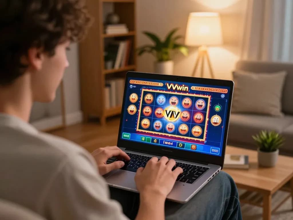 Player engaging with VVVwin casino game on laptop, showcasing exciting gameplay and home setting