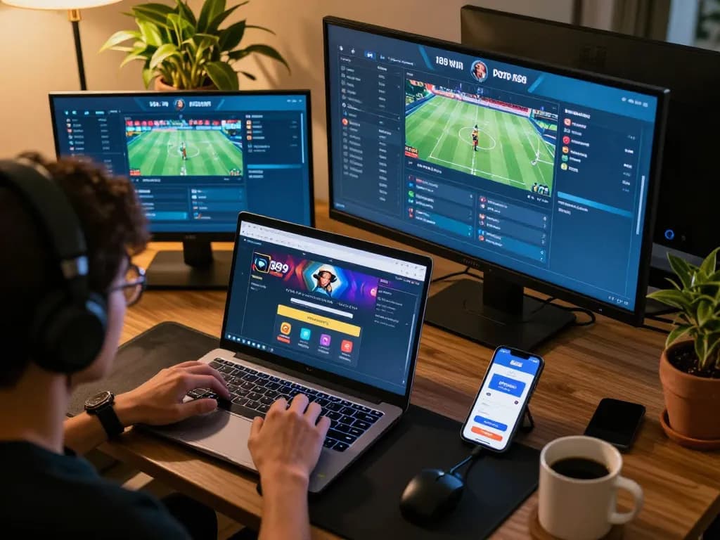 Engaging online gaming experience with 789win link displayed on laptop, person analyzing sports betting options