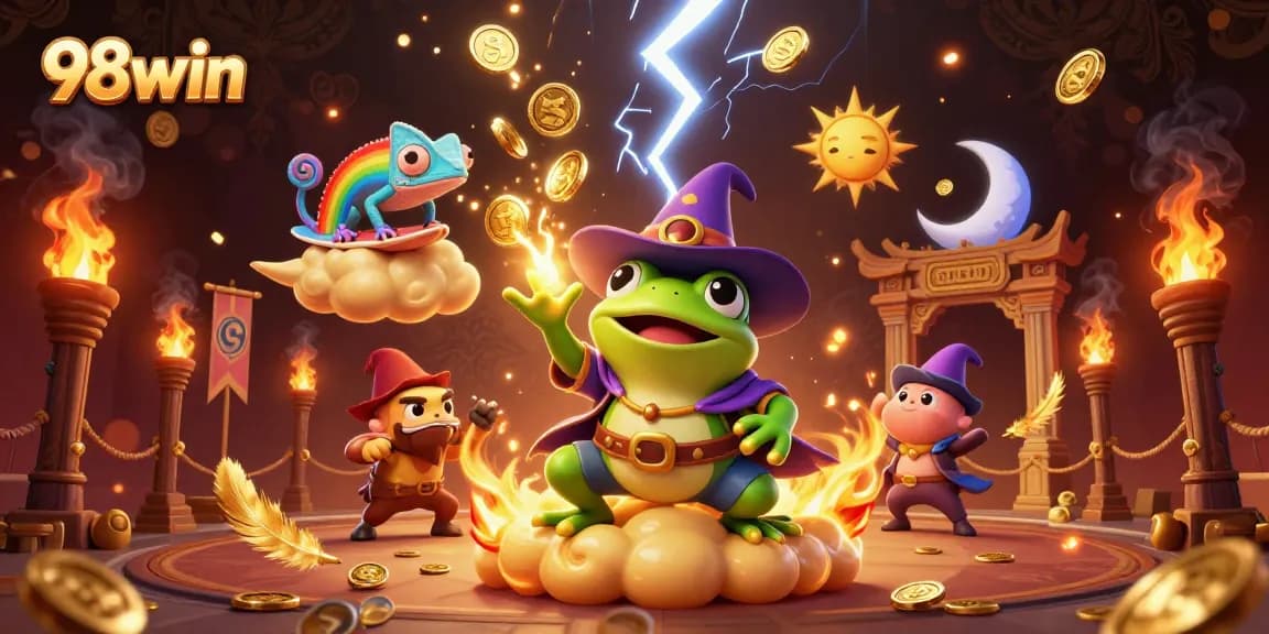 Join the action at 98win as the wizard frog conjures a storm of golden coins in this thrilling illustration.