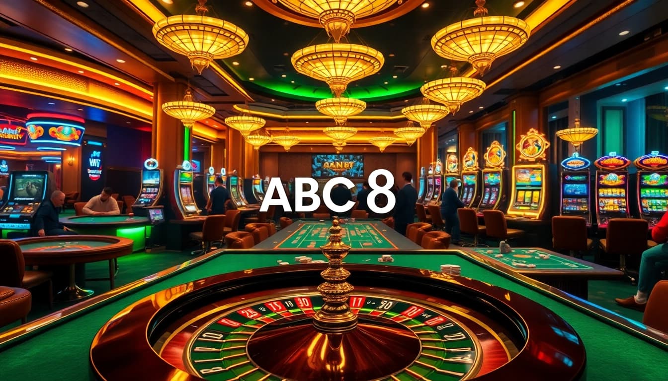 ABC8 players strategizing at a luxurious casino table with vibrant roulette wheels.
