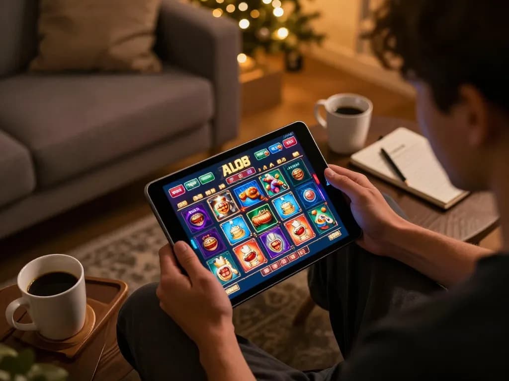 Player engaging with the ALO8 casino app on a tablet in a cozy gaming setup, showcasing online gambling excitement