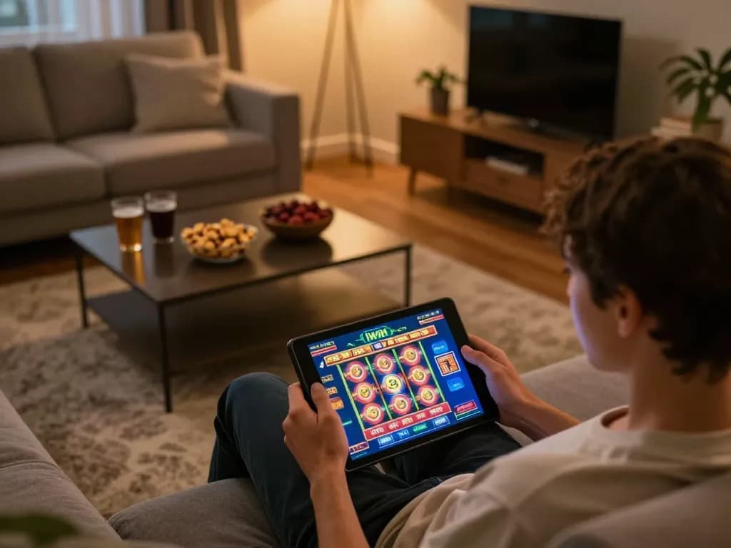 Iwin user enjoying an online gaming session at home with tablet and lively interface