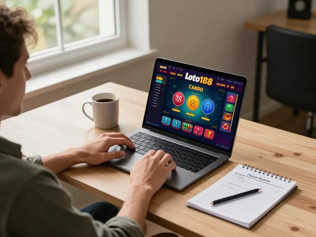 Engaging online gaming session with #loto188 casino interface displayed on laptop, promoting strategic play.