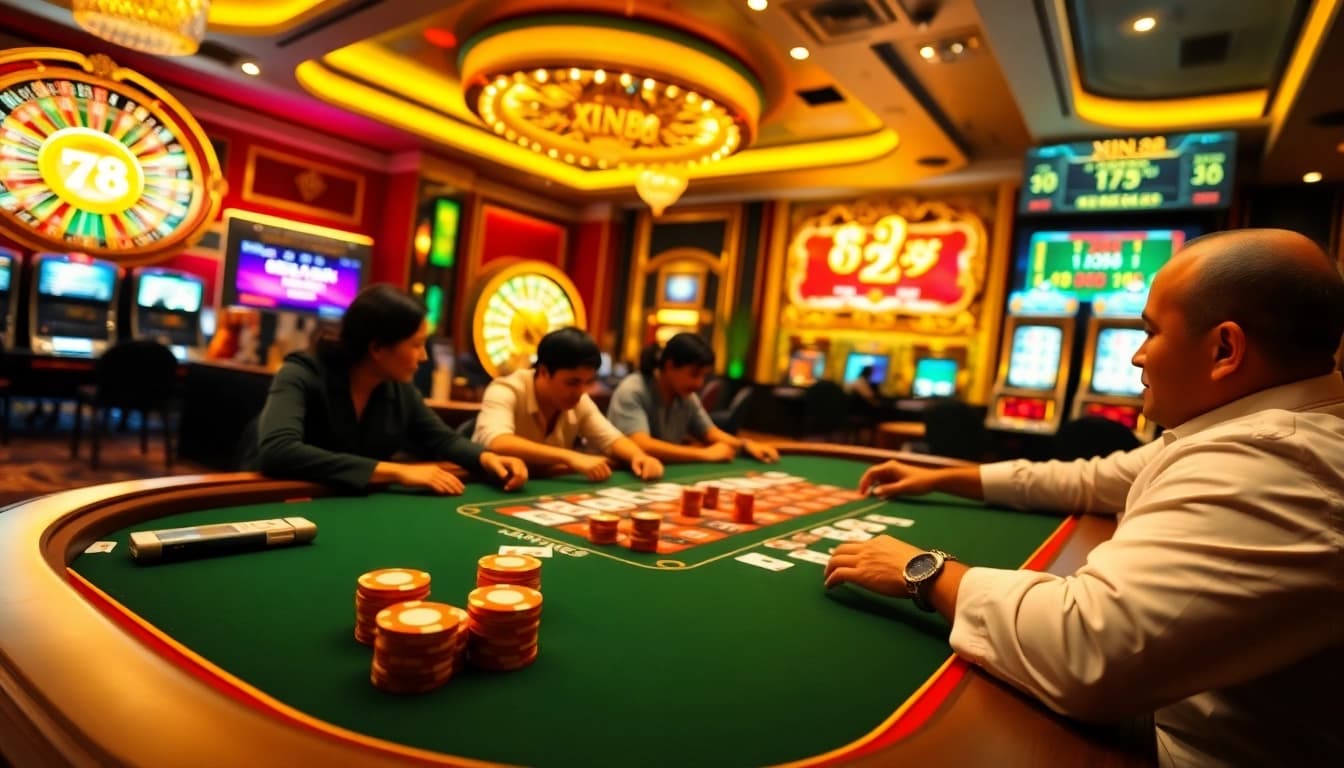 Players engaging in high-stakes poker at Xin88 casino, showcasing vibrant chips and cards